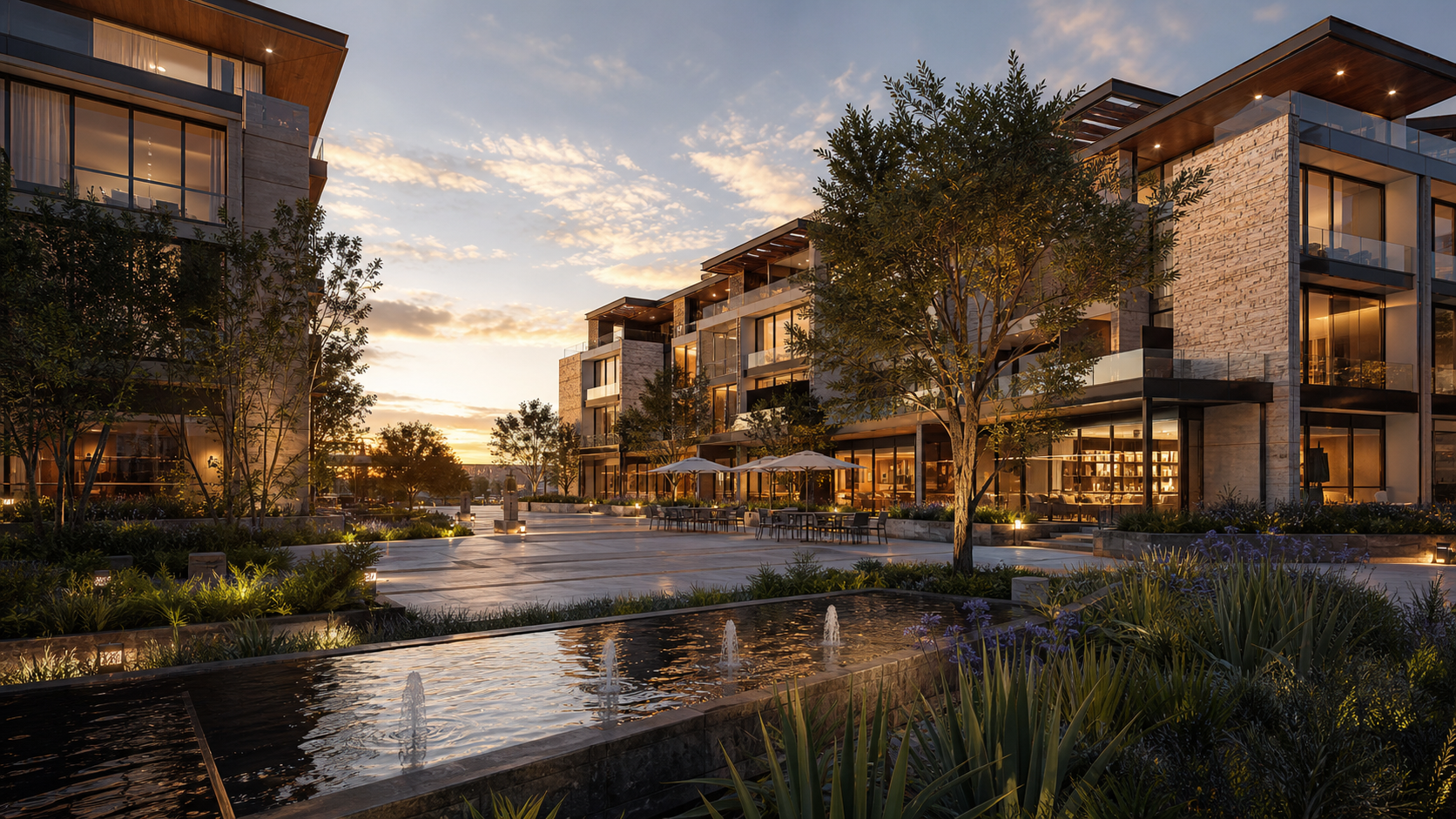 Plaza residencial premium con jardines y fuentes