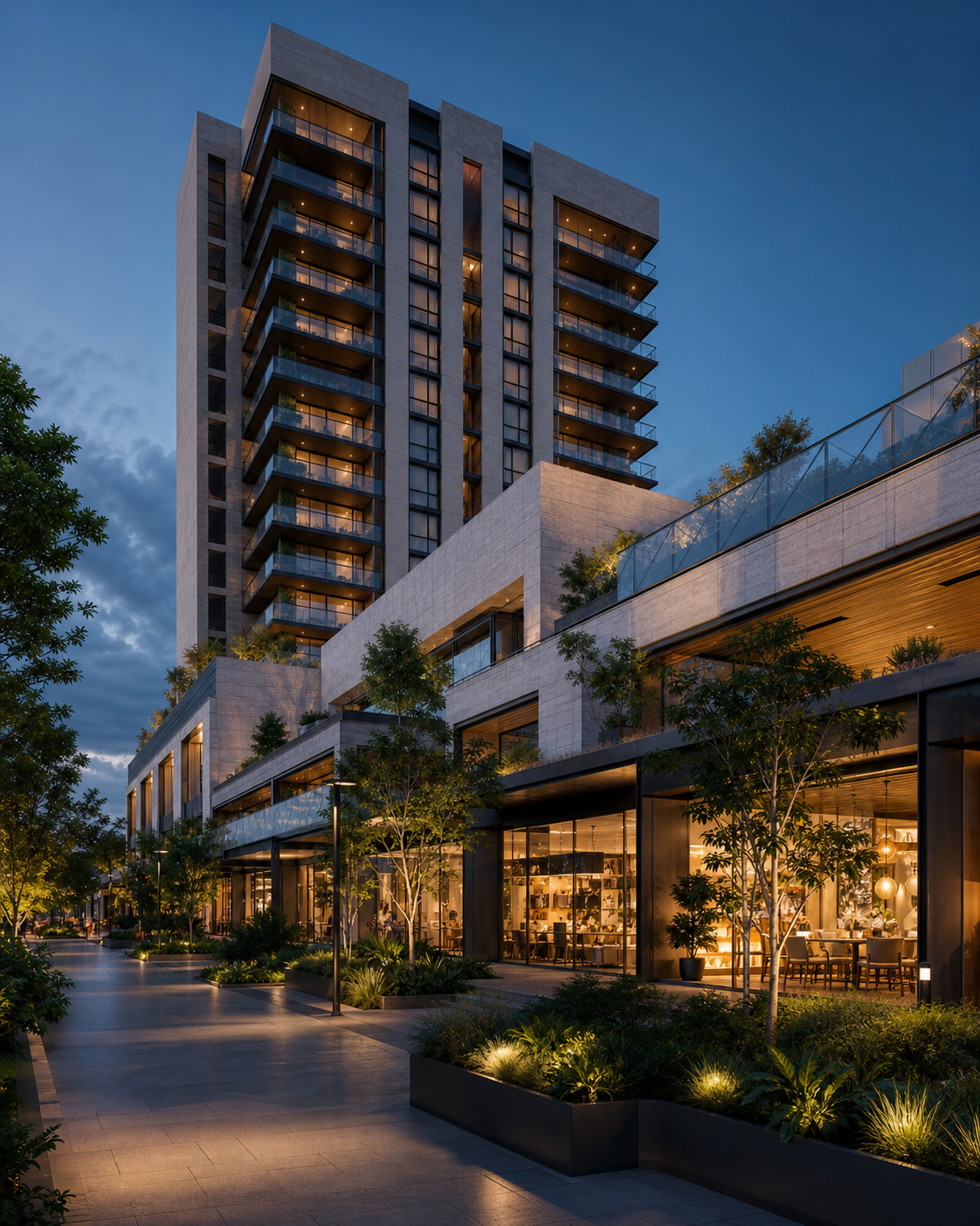 Torre residencial premium con plaza comercial